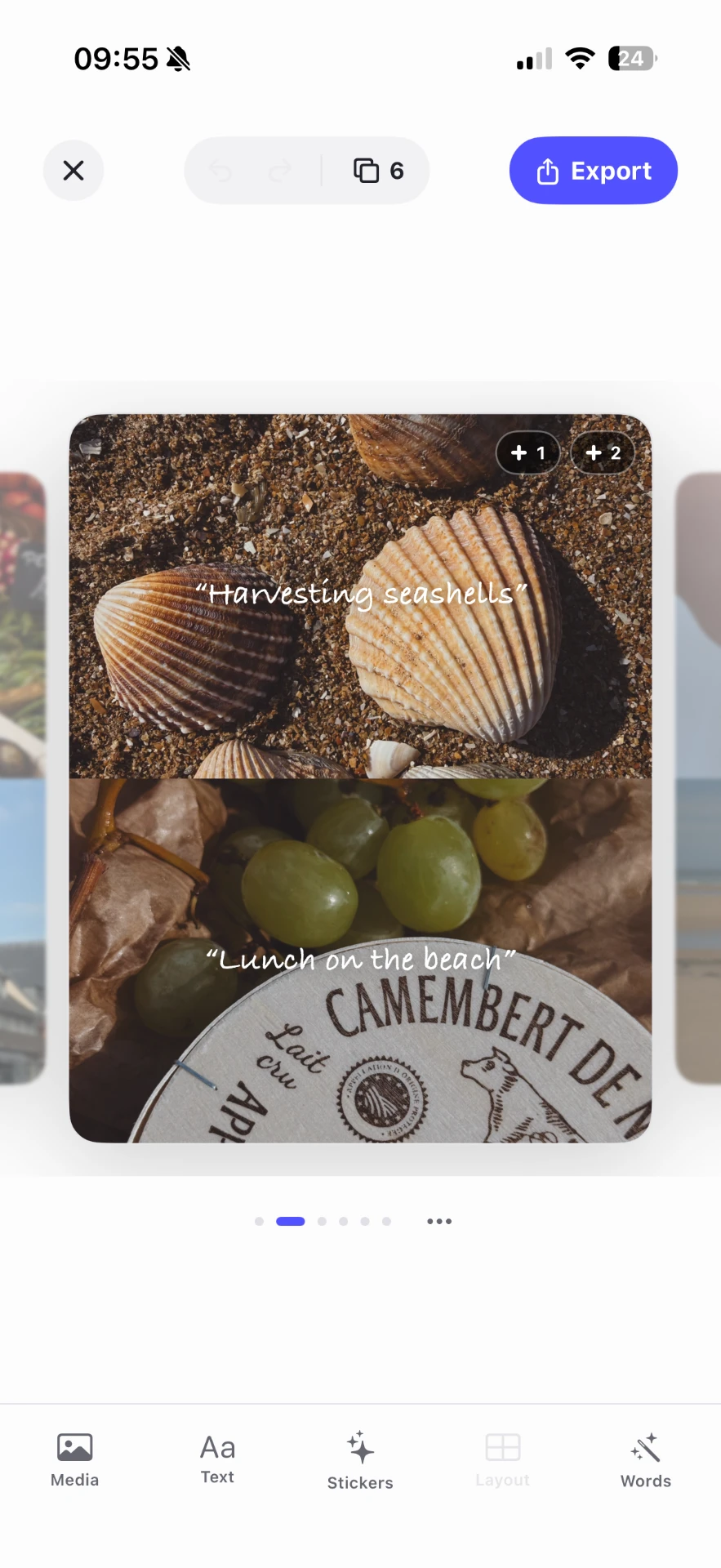 Crystal carousel editor showing seashells and a beach lunch