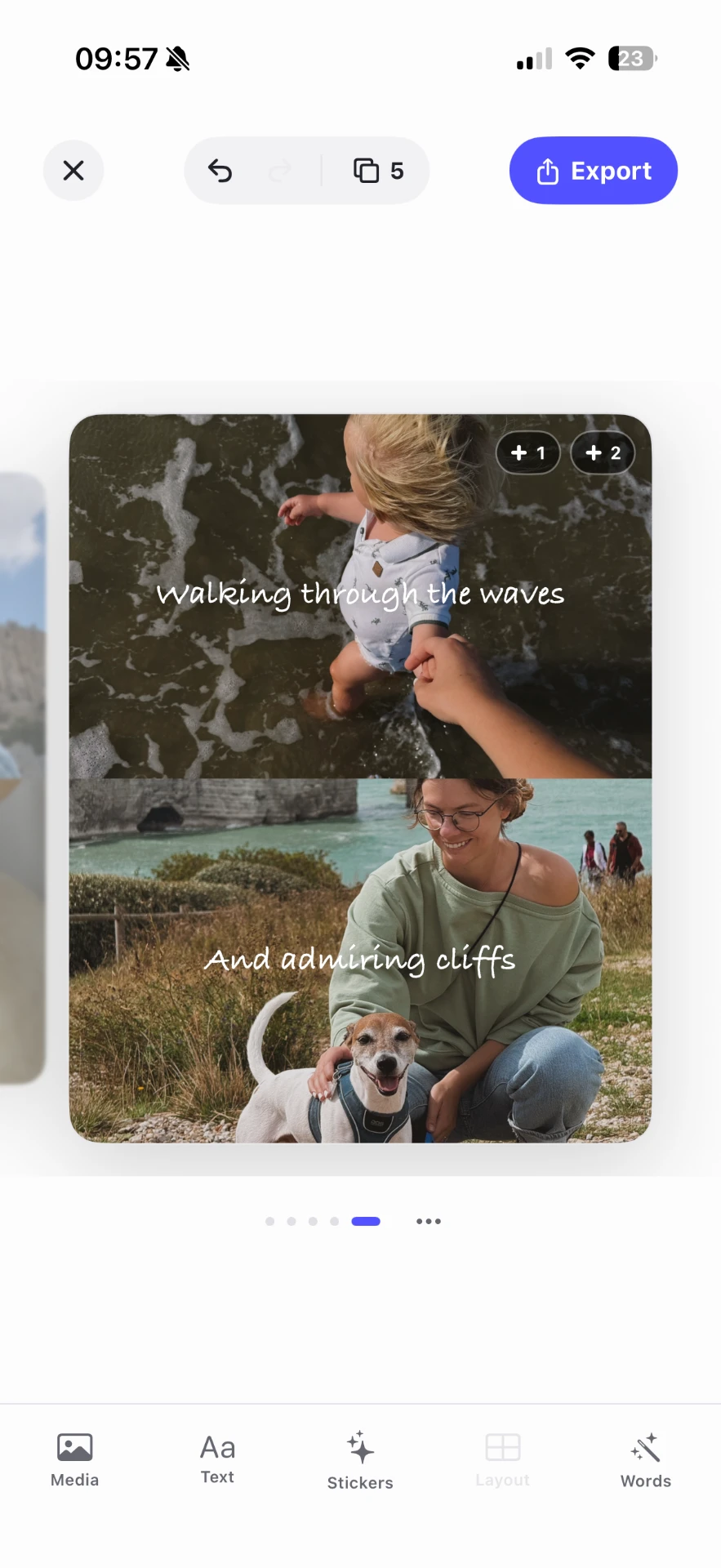 Crystal carousel editor showing a child in the waves and a woman with her dog